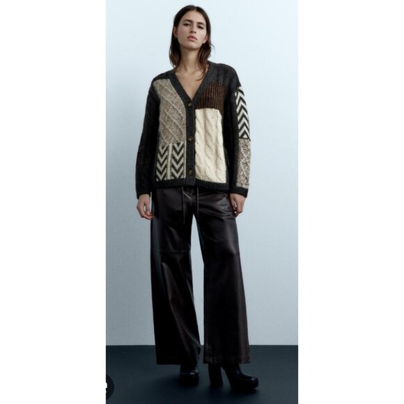 Zara Patchwork Cardigan Sweater Womens Size S Brown Ivory Oversized Chunky - Picture 2 of 14